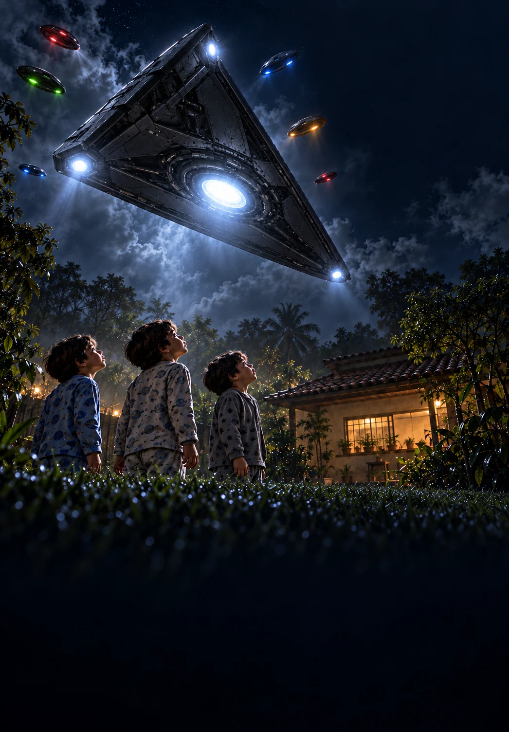 Três meninos observam naves luminosas e uma grande nave triangular sobre uma casa, à noite